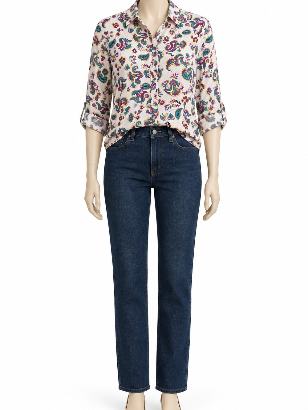 Talbots White Paisley-Print Button-Up Blouse with Teal and Purple Accents